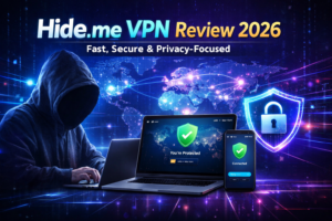 Faceless hacker typing on a laptop with Hide.me VPN interface, glowing digital network lines, global server map, and shield icon representing secure VPN protection