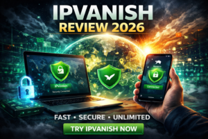 IPVanish Review 2026 banner showing secure VPN connection, global servers, and fast private internet access.